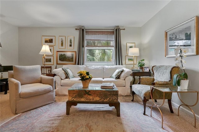 living area with baseboards and carpet floors