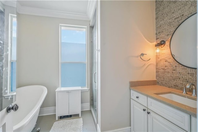 7468 Pitt St, New Orleans, LA 70118 - bathroom with a stall shower, ornamental molding, vanity, a soaking tub, and tasteful backsplash