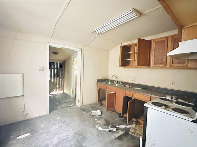 30103 Tricou St, New Orleans, LA 70117 - kitchen featuring white electric range oven, brown cabinets, a sink, dark countertops, and under cabinet range hood