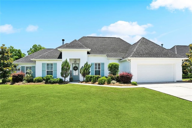 ranch-style house with an attached garage, stucco siding, a shingled roof, a front lawn, and driveway