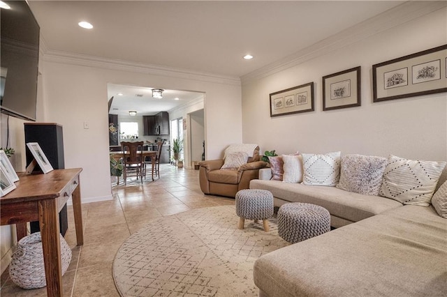 living area featuring ornamental molding, recessed lighting, light tile patterned flooring, and baseboards