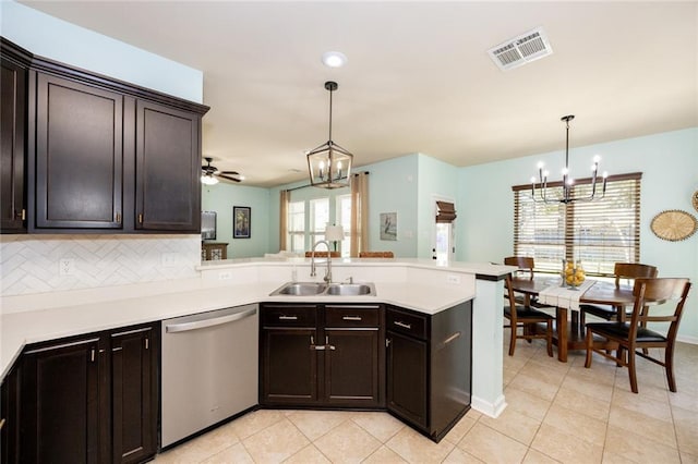 kitchen featuring stainless steel dishwasher, visible vents, a sink, a peninsula, and light countertops