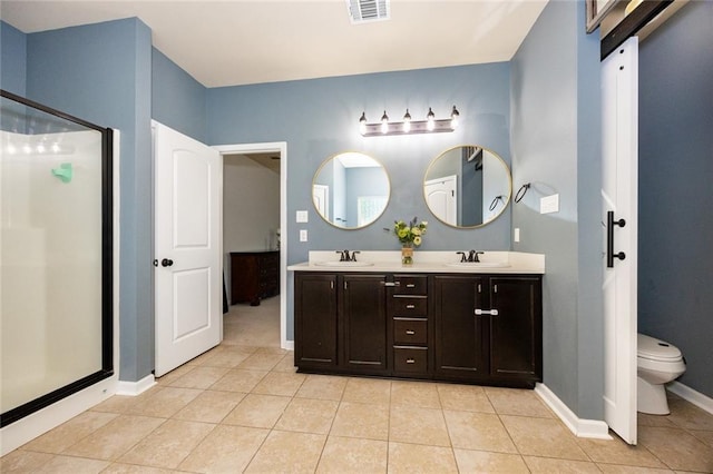 full bathroom with tile patterned floors, visible vents, a stall shower, and a sink