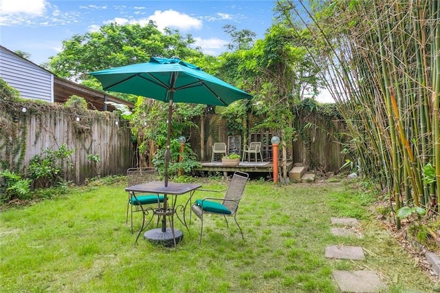 view of yard with a wooden deck and a fenced backyard