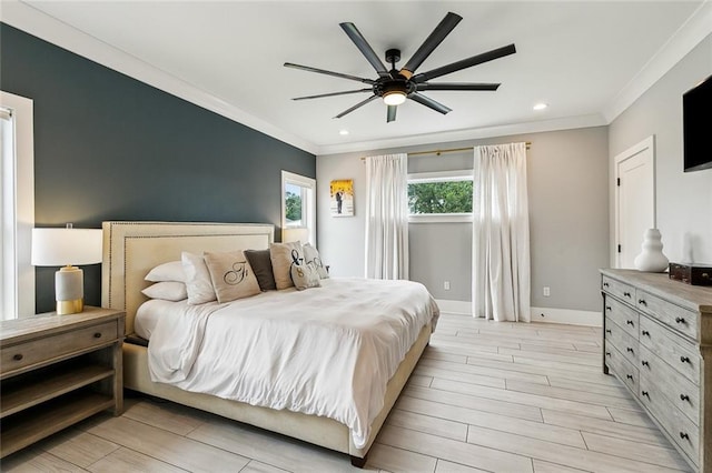 bedroom featuring recessed lighting, crown molding, ceiling fan, light wood finished floors, and baseboards