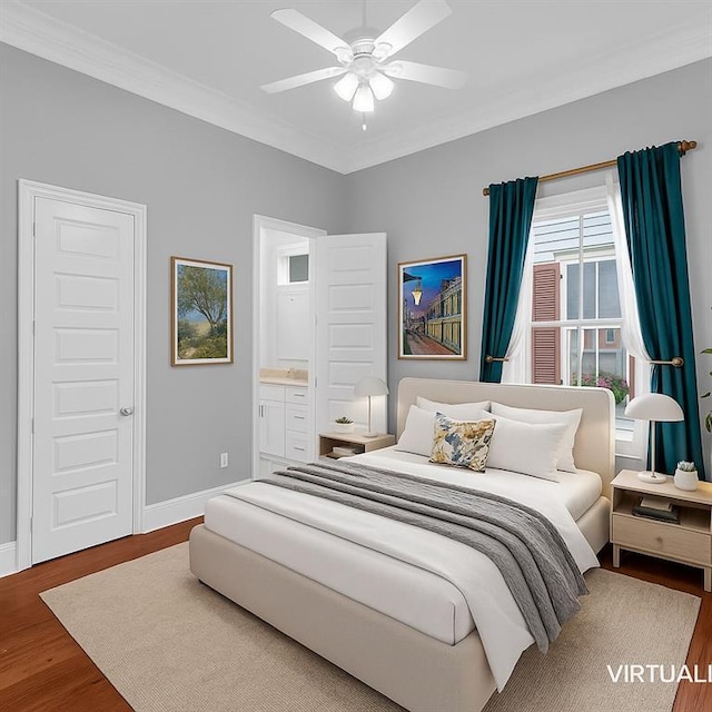 2540 Saint Ann St, New Orleans, LA 70119 - bedroom featuring wood finished floors, ornamental molding, baseboards, ensuite bath, and ceiling fan