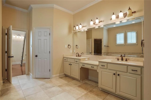 full bathroom featuring crown molding, vanity, tile patterned floors, and baseboards