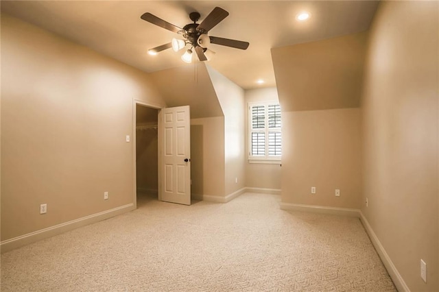 717 Tunica Bnd, Covington, LA 70433 - additional living space featuring ceiling fan, lofted ceiling, light colored carpet, baseboards, and recessed lighting
