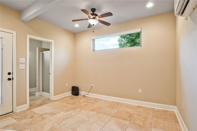 717 Tunica Bnd, Covington, LA 70433 - empty room featuring a wall unit AC, ceiling fan, recessed lighting, beamed ceiling, and baseboards