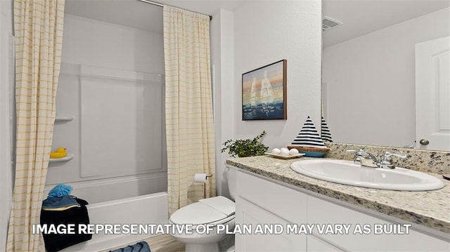 full bath featuring vanity, toilet, and shower / tub combo with curtain