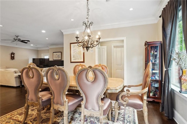 3316 N Labarre Rd, Metairie, LA 70002 - dining room with plenty of natural light, a chandelier, dark wood-type flooring, recessed lighting, and a ceiling fan