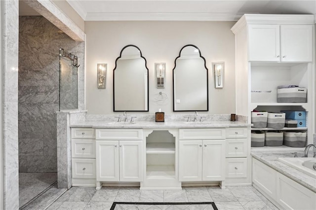 3316 N Labarre Rd, Metairie, LA 70002 - full bathroom with crown molding, marble look tile flooring, and double vanity