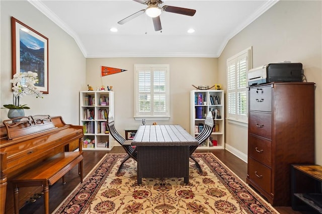 3316 N Labarre Rd, Metairie, LA 70002 - home office with dark wood finished floors, ornamental molding, a ceiling fan, plenty of natural light, and baseboards
