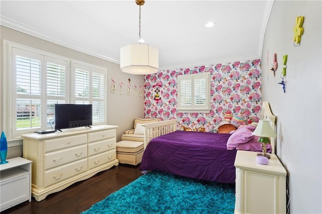 3316 N Labarre Rd, Metairie, LA 70002 - bedroom featuring crown molding, wallpapered walls, and dark wood-type flooring