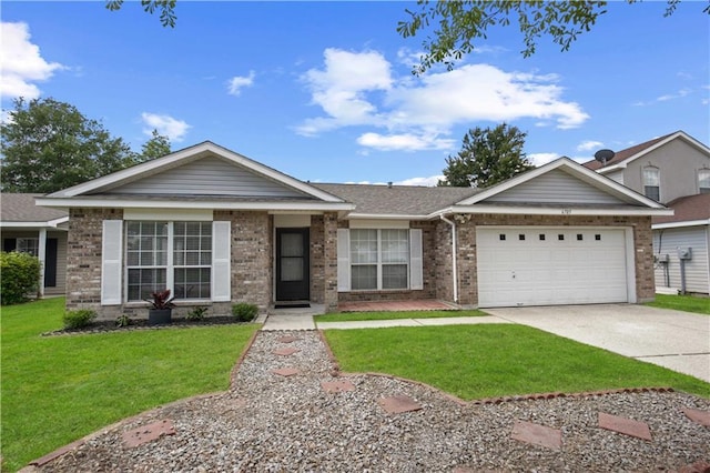 6705 Alisa Dr, Slidell, LA 70460 - ranch-style house featuring driveway, a garage, a front yard, brick siding, and a shingled roof