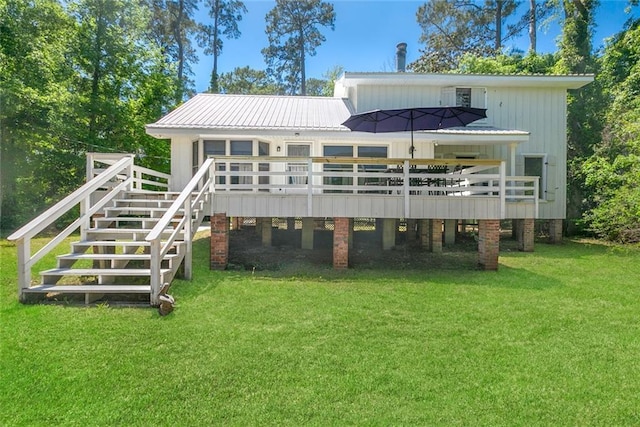 28189 Creole Rd, Lacombe, LA 70445 - back of house featuring a deck, a lawn, stairway, and metal roof