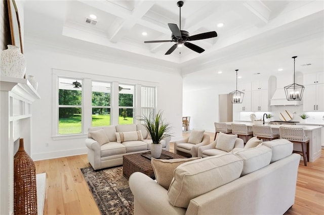 605 Northwoods Dr, Abita Springs, LA 70420 - living room with ceiling fan, beamed ceiling, coffered ceiling, recessed lighting, and light wood-style floors