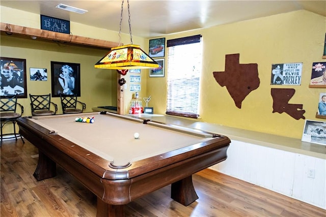 game room with wood finished floors and billiards table