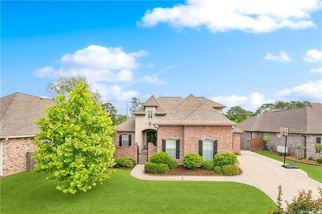 view of front facade featuring concrete driveway, brick siding, and roof with shingles