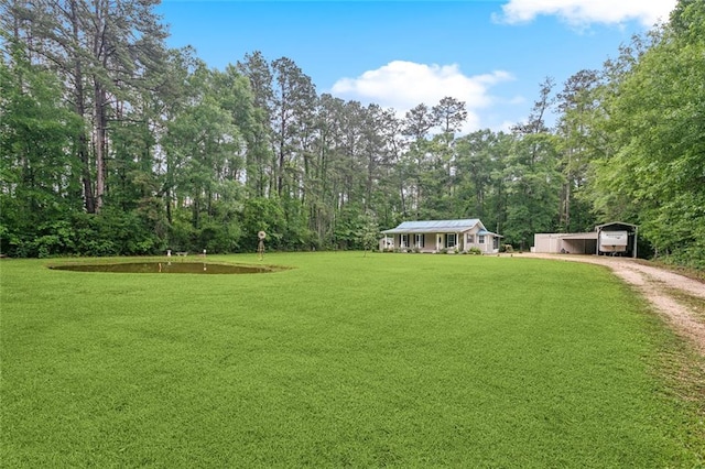 14356 Oak St, Tickfaw, LA 70466 - view of green lawn with a detached carport, dirt driveway, and a view of trees