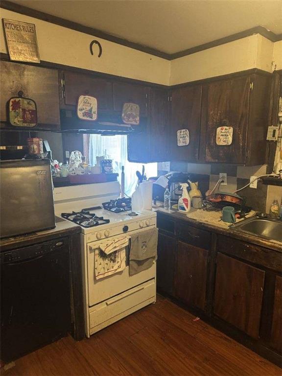 kitchen with gas range gas stove, a sink, dark wood-style flooring, ornamental molding, and dark brown cabinetry