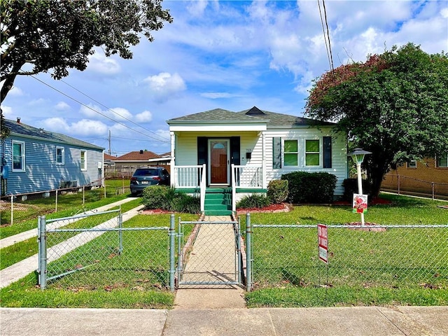 view of front of property with a gate, a porch, and a shingled roof