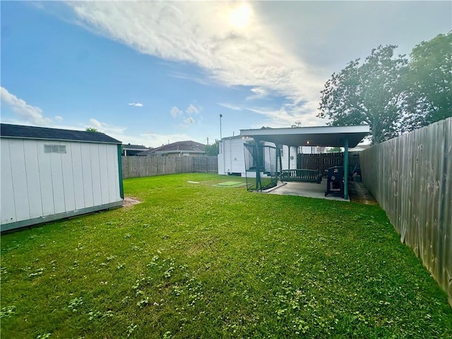 view of yard featuring a shed, an outdoor structure, and a patio area