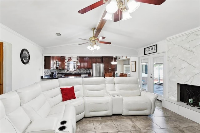 2152 Pebble Beach Dr, La Place, LA 70068 - living area featuring ceiling fan, crown molding, and a high end fireplace