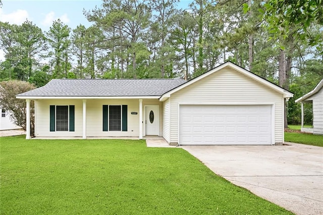 single story home featuring concrete driveway, a front yard, an attached garage, a porch, and a shingled roof