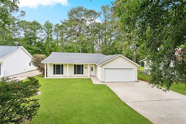 single story home with concrete driveway, a garage, covered porch, a front lawn, and a shingled roof