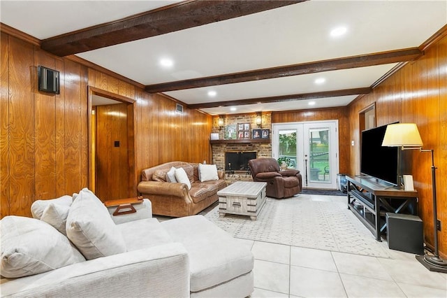 5037 Tartan Dr, Metairie, LA 70003 - living area featuring beam ceiling, wooden walls, light tile patterned floors, recessed lighting, and a brick fireplace