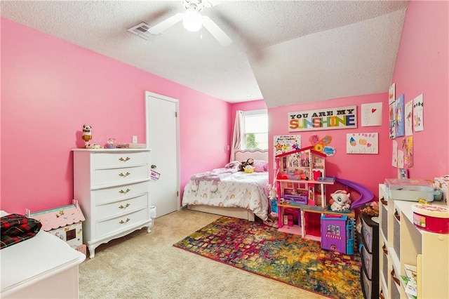 5037 Tartan Dr, Metairie, LA 70003 - carpeted bedroom with a textured ceiling and a ceiling fan