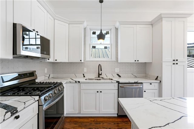 1919 N Prieur St, New Orleans, LA 70116 - kitchen featuring stainless steel appliances, a sink, healthy amount of natural light, white cabinets, and crown molding
