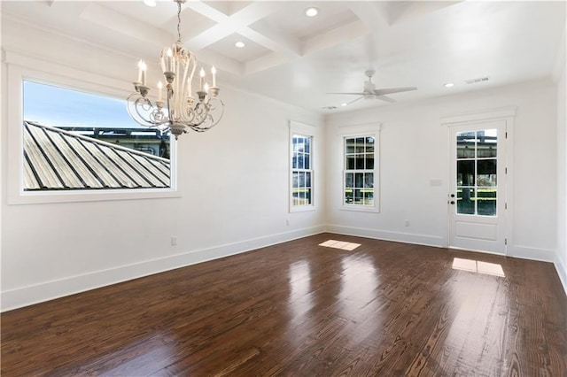 1919 N Prieur St, New Orleans, LA 70116 - spare room featuring beam ceiling, a chandelier, coffered ceiling, baseboards, and dark wood-style flooring