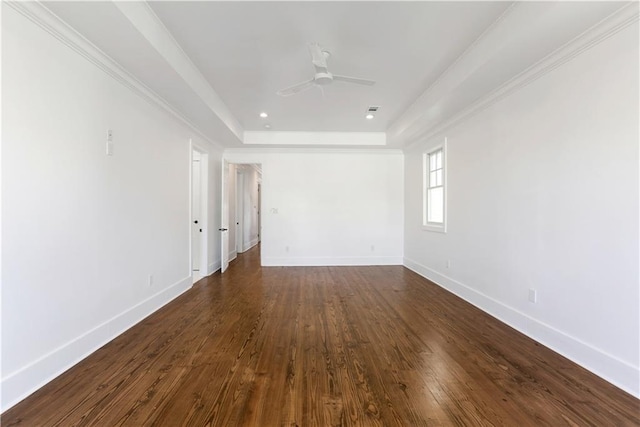 1919 N Prieur St, New Orleans, LA 70116 - spare room with a raised ceiling, baseboards, a ceiling fan, dark wood-style floors, and ornamental molding