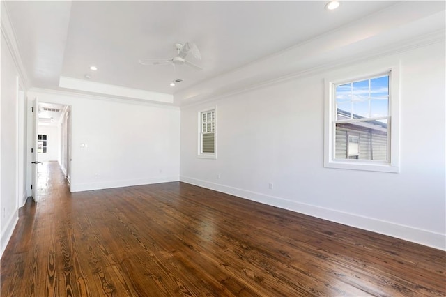 1919 N Prieur St, New Orleans, LA 70116 - empty room with a tray ceiling, ornamental molding, recessed lighting, baseboards, and ceiling fan
