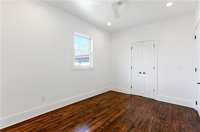 1919 N Prieur St, New Orleans, LA 70116 - unfurnished bedroom featuring dark wood-style floors, baseboards, recessed lighting, a closet, and a ceiling fan