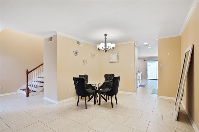 107 10th St Unit 107, New Orleans, LA 70124 - dining space featuring a chandelier, stairs, light tile patterned flooring, crown molding, and baseboards