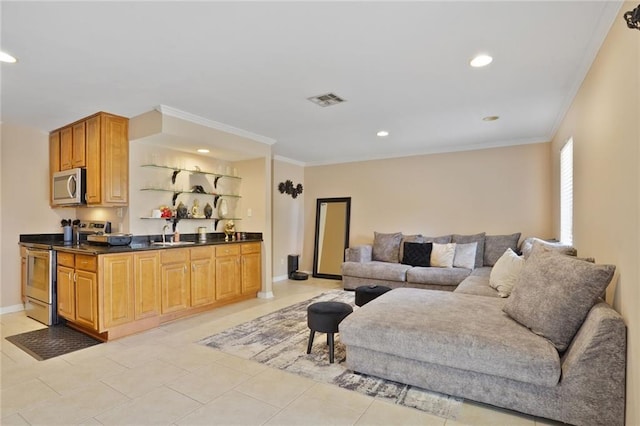 107 10th St Unit 107, New Orleans, LA 70124 - living room with ornamental molding, recessed lighting, baseboards, and light tile patterned flooring