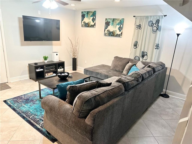 living area featuring ceiling fan, tile patterned flooring, baseboards, and recessed lighting
