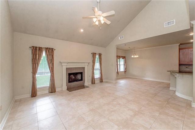 17181 Bridle Path, Hammond, LA 70403 - unfurnished living room with ceiling fan, a premium fireplace, light tile patterned floors, high vaulted ceiling, and baseboards