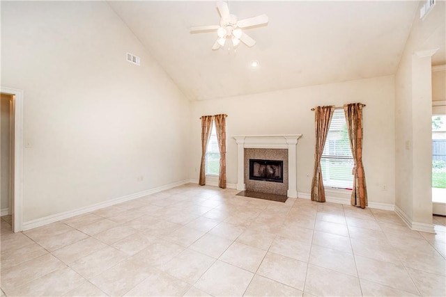 17181 Bridle Path, Hammond, LA 70403 - unfurnished living room with a ceiling fan, light tile patterned floors, a fireplace, and high vaulted ceiling
