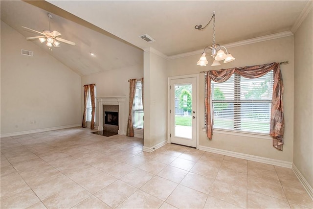 17181 Bridle Path, Hammond, LA 70403 - unfurnished living room featuring light tile patterned floors, a chandelier, ceiling fan, a premium fireplace, and crown molding