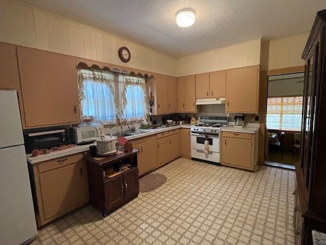 41012 S Range Rd, Ponchatoula, LA 70454 - kitchen with white appliances, under cabinet range hood, light countertops, and a sink