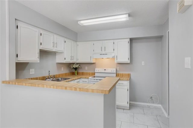 2912 Manhattan Blvd Unit 133, Harvey, LA 70058 - kitchen with electric range, under cabinet range hood, a sink, a peninsula, and light marble finish floors