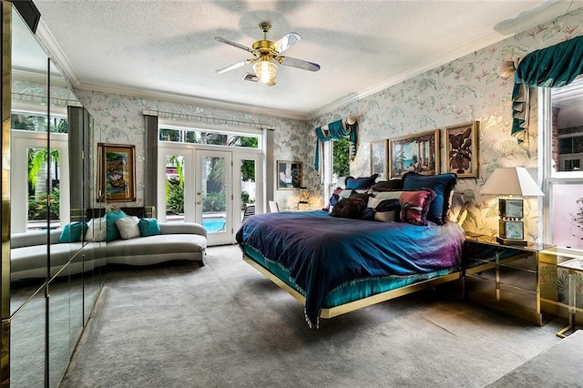 3805 3rd St, Metairie, LA 70002 - carpeted bedroom featuring wallpapered walls, crown molding, multiple windows, access to exterior, and a textured ceiling