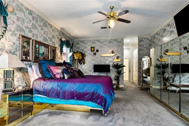 3805 3rd St, Metairie, LA 70002 - bedroom with wallpapered walls, crown molding, a ceiling fan, and carpet floors