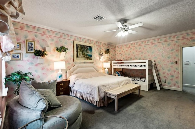 3805 3rd St, Metairie, LA 70002 - carpeted bedroom featuring crown molding, wallpapered walls, a textured ceiling, a ceiling fan, and baseboards