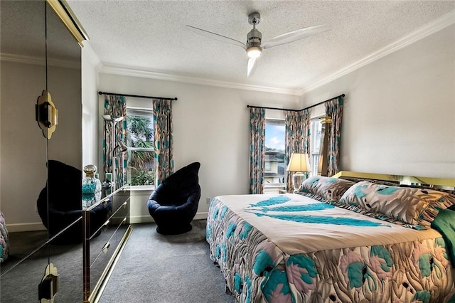 3805 3rd St, Metairie, LA 70002 - carpeted bedroom with crown molding, a ceiling fan, baseboards, and a textured ceiling