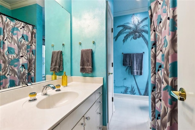 3805 3rd St, Metairie, LA 70002 - bathroom with ornamental molding, baseboards, vanity, and a shower with shower curtain